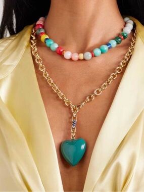 Roxanne Assoulin Gold ChainTeal Heart Pendant & Multicolor Beaded Choker Set Two